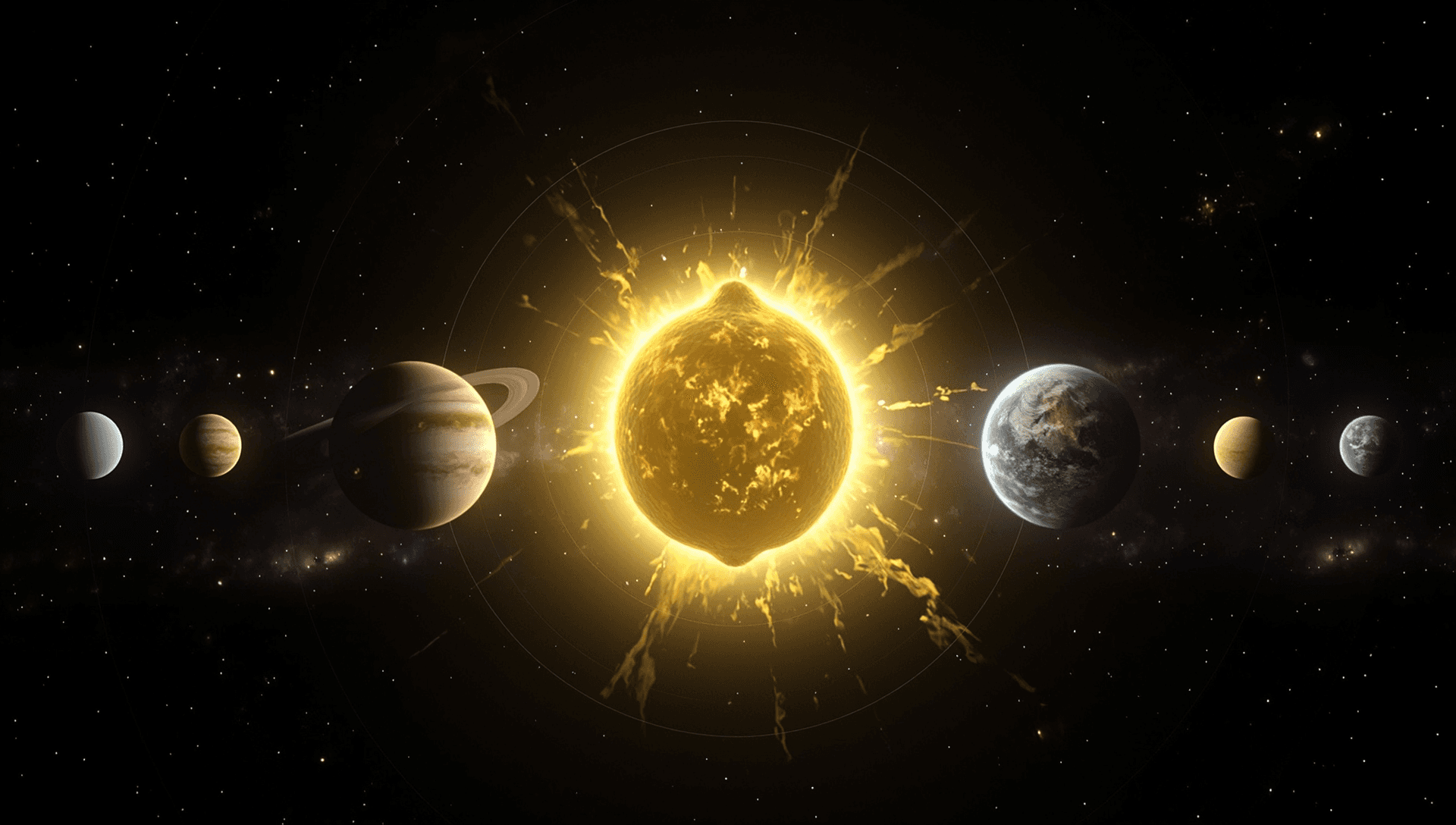 Unser Sonnensystem dargestellt, jedoch hat die Sonne eine Zitronenform angenommen