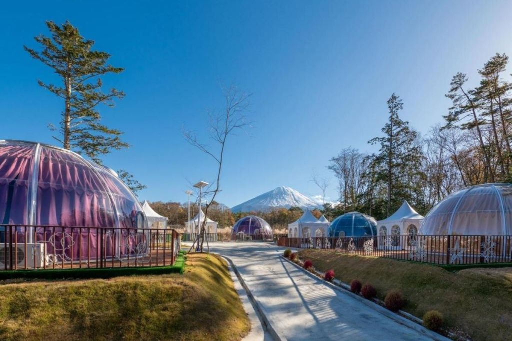 Camping pods with Mount Fuji in the background