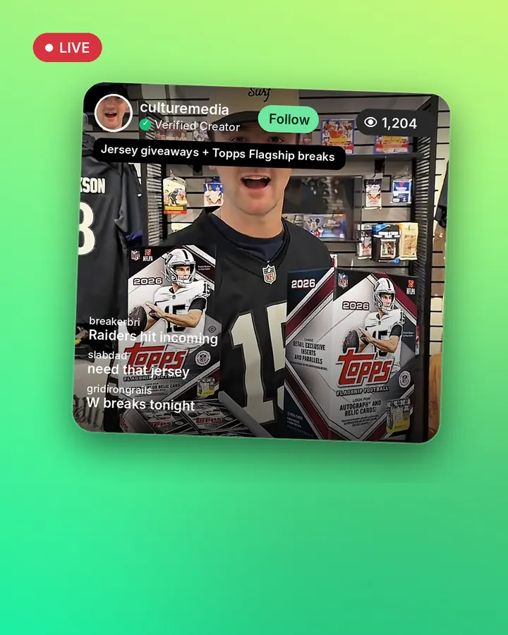 Culture Media, a verified SmackTok creator, live with jersey giveaways and Topps Flagship Football breaks