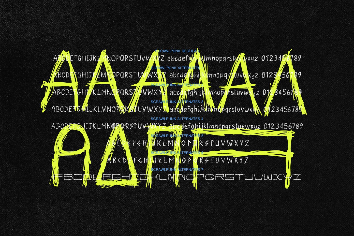 Display of various letter alternates and different glyph styles available in the Scrawlpunk OpenType font