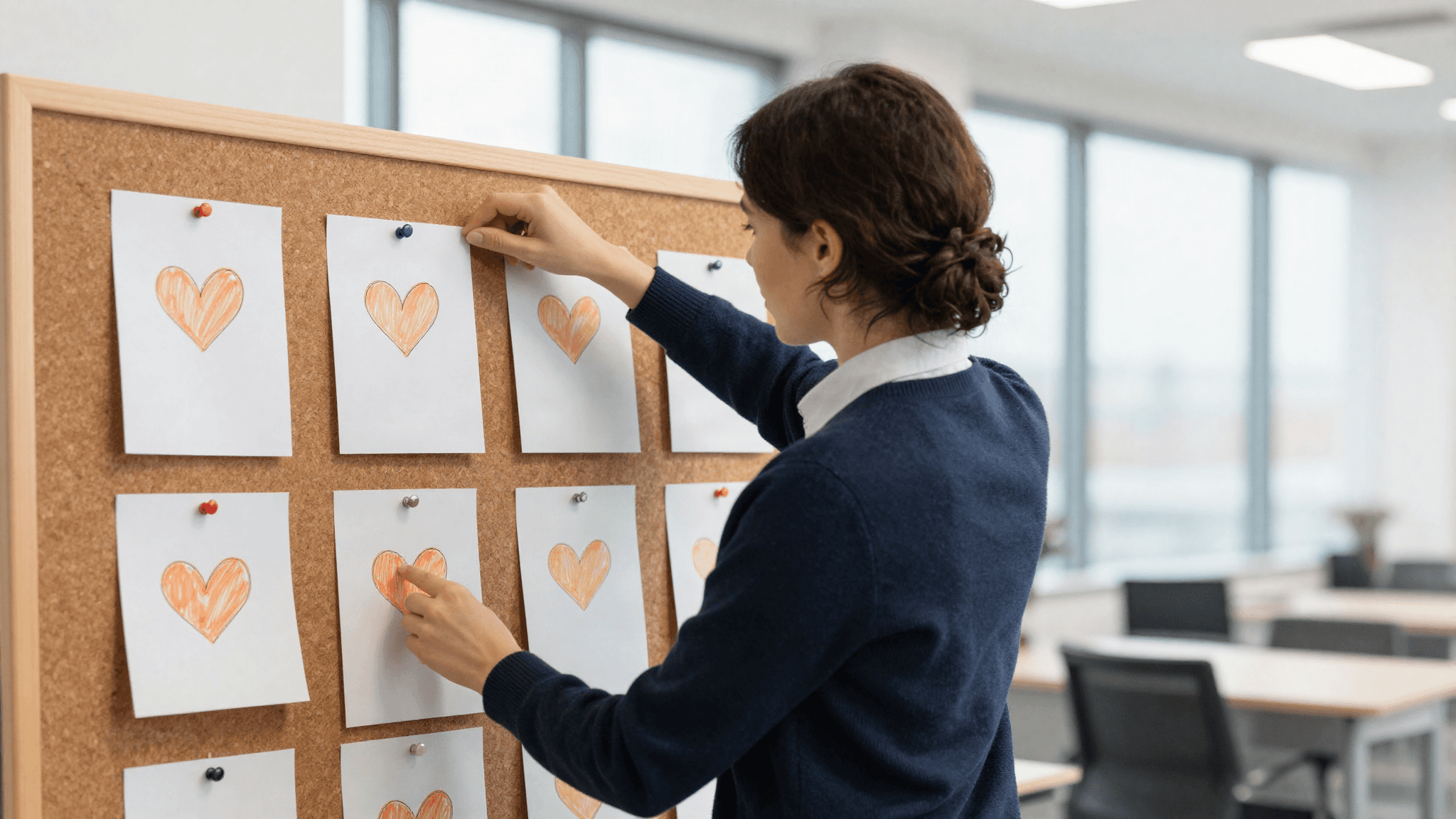 Brand Manager pinnt Testimonial-Karten an Korkwand (KI-generiert)