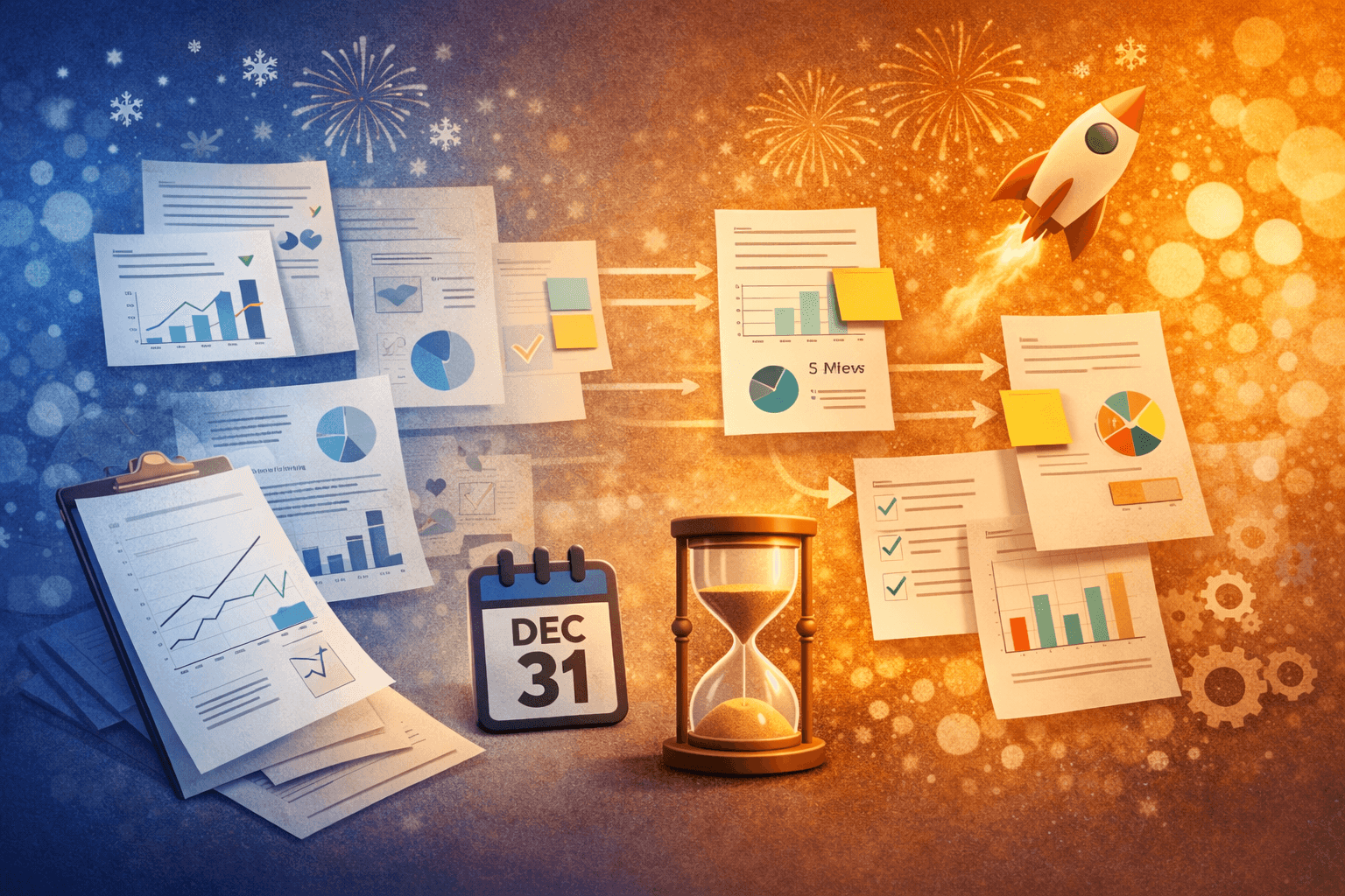 Year-end marketing data review with Dec 31 calendar and reports illustration