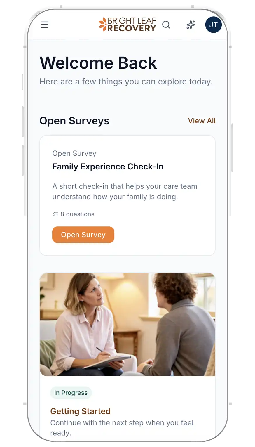 App on mobile screen: A woman in a pink shirt talks to a seated person in gray. Text discusses open surveys.