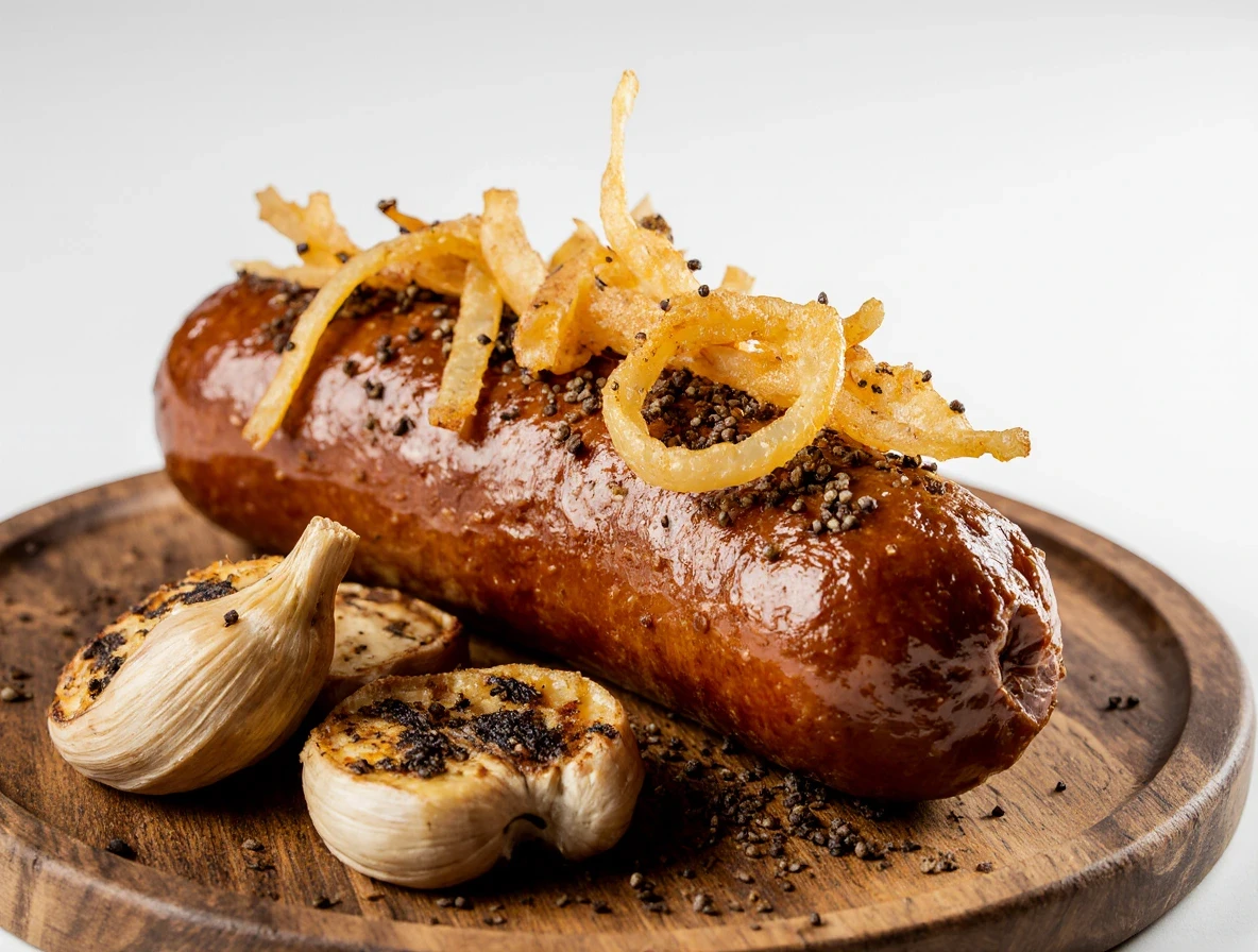 Kiełbasa w jelicie wołowym, na talerzu drewnianym.