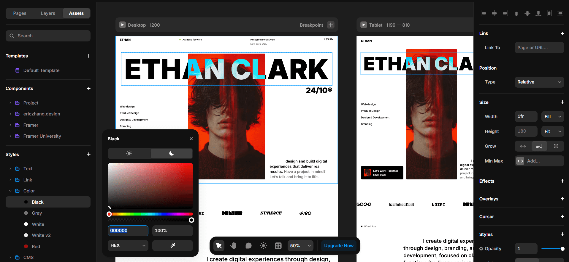 Interface of a design tool showing a website homepage for Ethan Clark with a color picker overlay