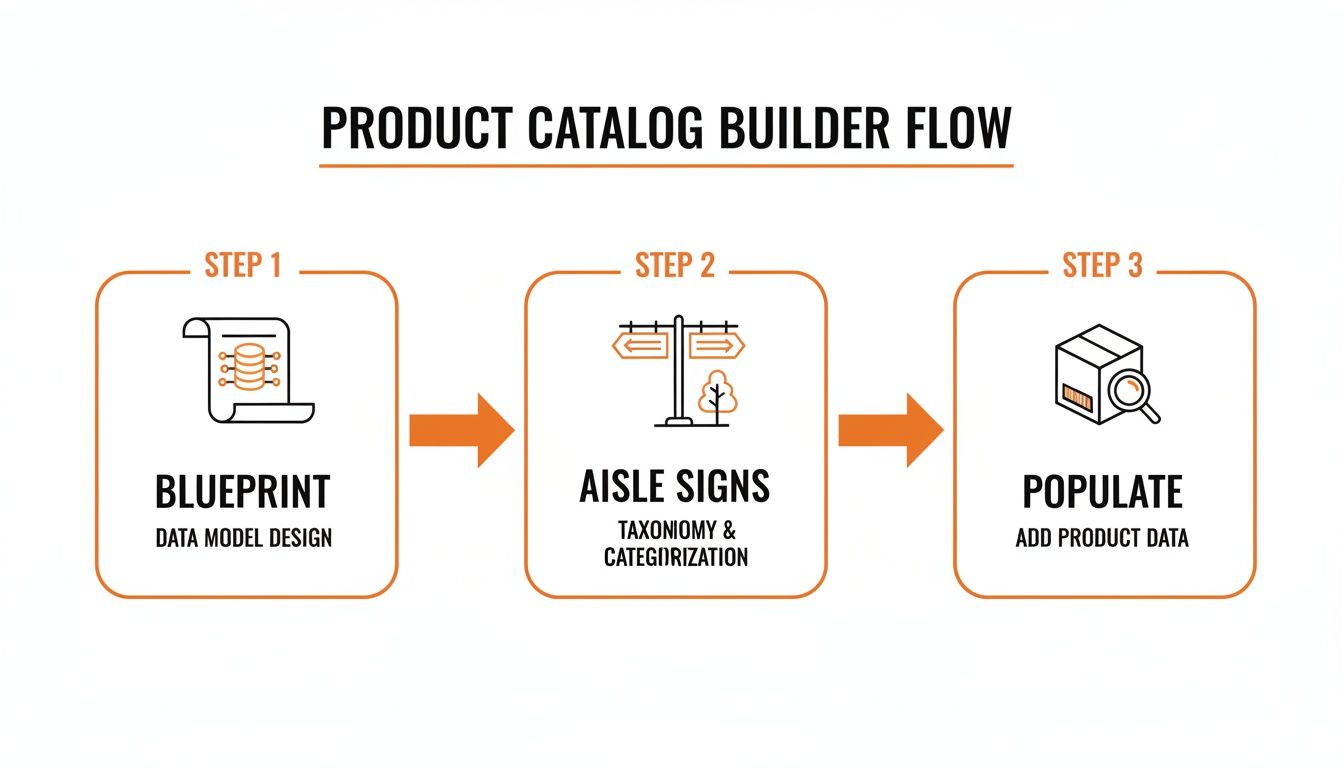 Flowchart illustrating the three-step product catalog builder process: Blueprint, Aisle Signs, and Populate.
