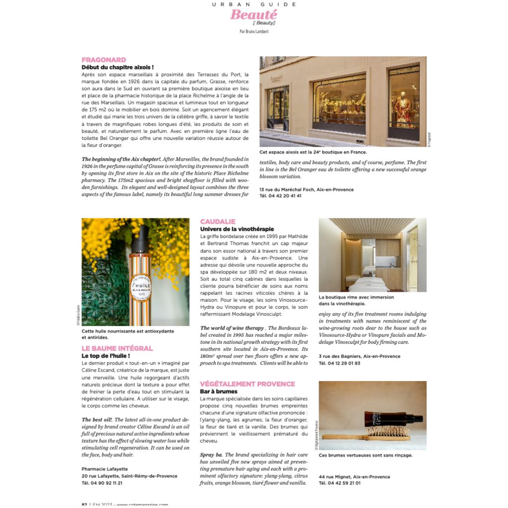 Page du guide beauté Urban présentant Le Baume Intégral de Céline Escand, soin tout-en-un bio Made in Provence, aux côtés de marques comme Fragonard et Caudalie