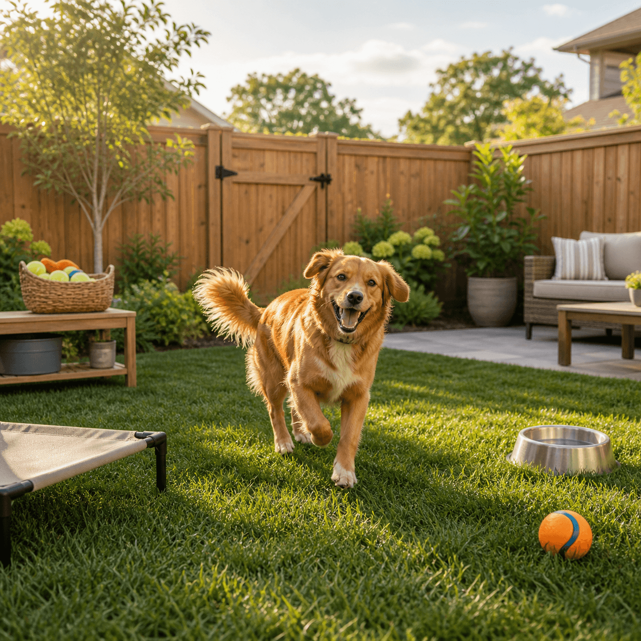 Dog playing in a hosted private yard with prepared dog amenities