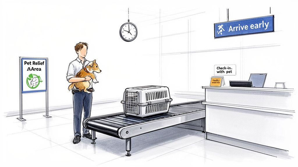 A man holds a dog while checking in a pet carrier at an airport counter.
