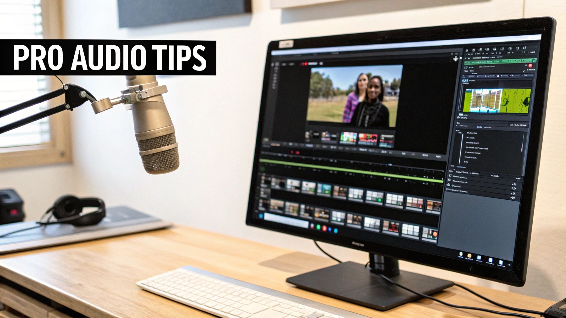 A person editing video on a computer, with audio waveforms on the screen.