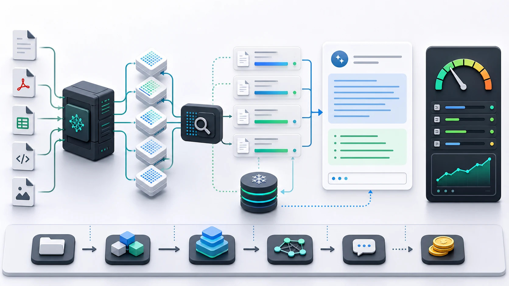 Long-context RAG cost workflow with document retrieval, cached context, and answer stream