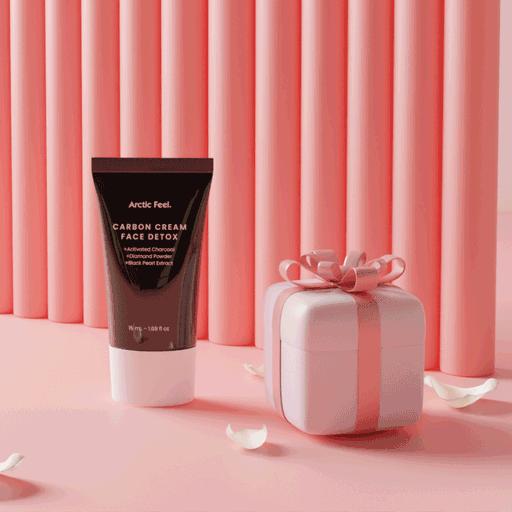 GIF of Carbon Cream Face Detox packshot in front of pink curtains with scene accessories swapping: gift, rose, rose, and more