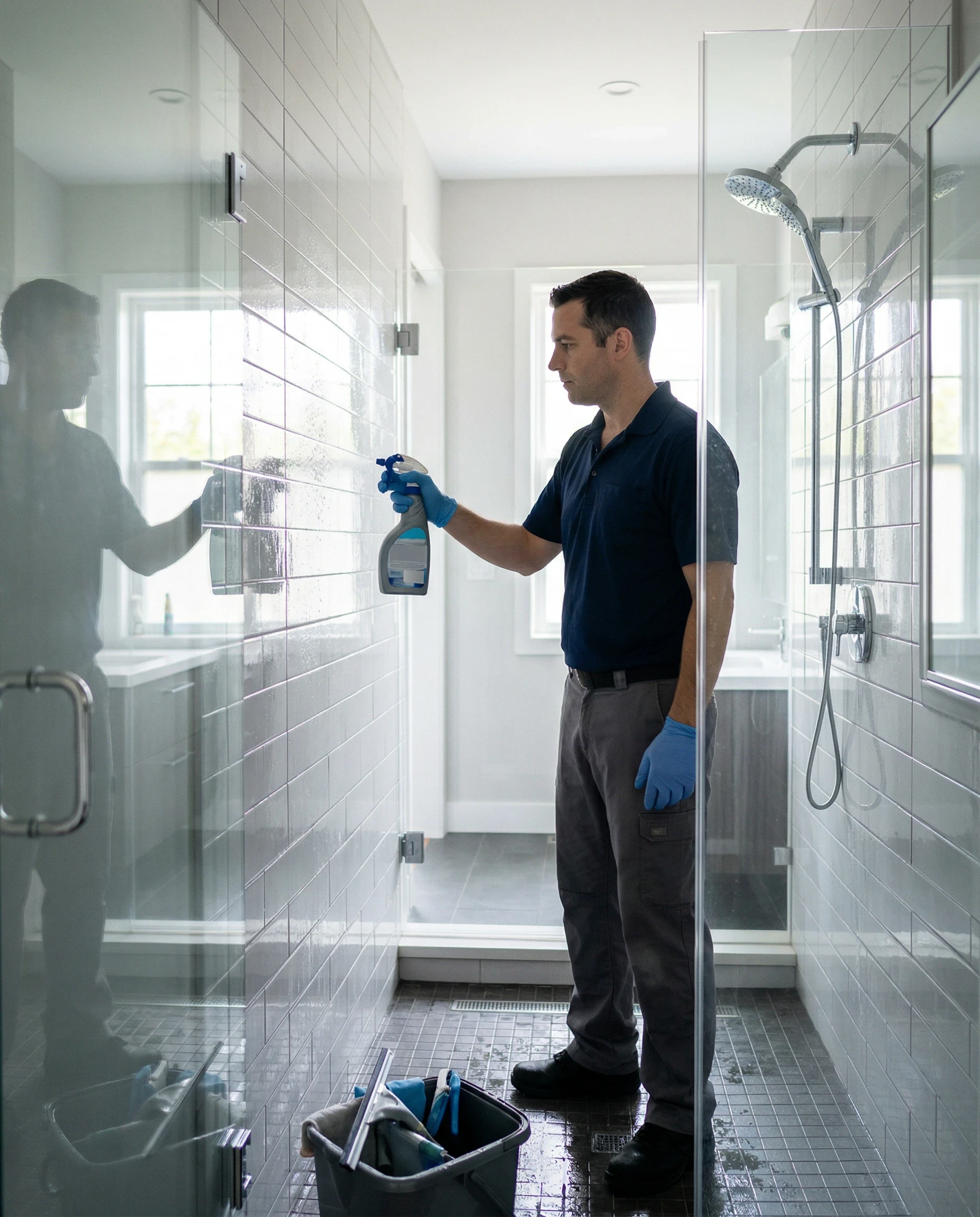 Man cleaning a glass shower with a spray bottle and gloves.