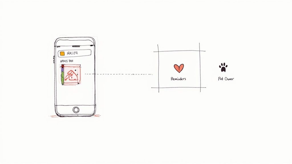 Hand-drawn smartphone interface showing 'APHIS 301' and 'Arlita' connected to pet owner reminders.