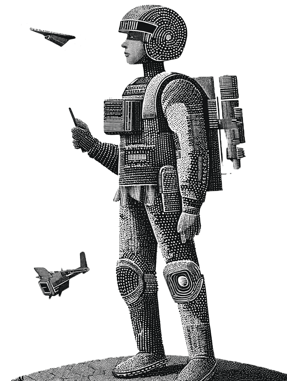 Illustration of a retro military figure with a helmet and backpack, observing and operating planes and drones.