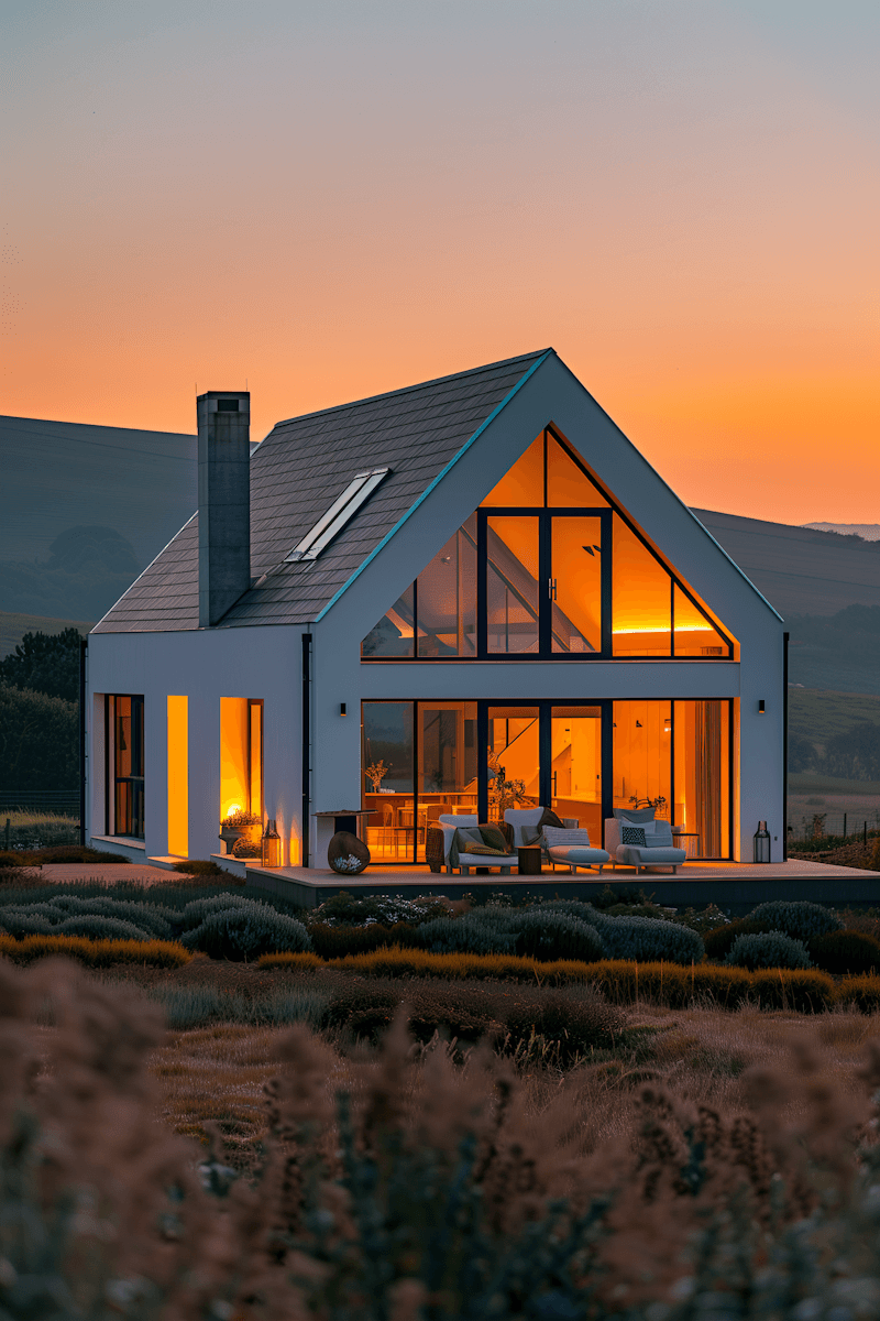 Modern white farmhouse with dramatic triangular glass facade at sunset, featuring floor-to-ceiling windows glowing with warm interior lighting