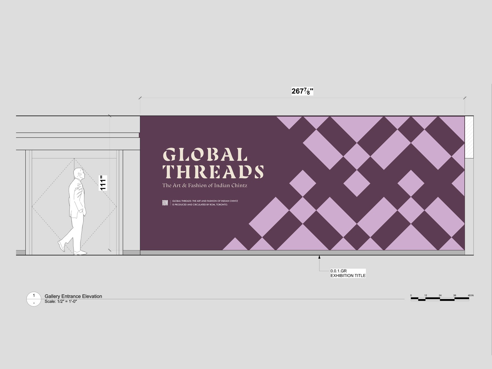 A schematic drawing for a graphic wall mural featuring a grid of intersecting purple squares and the title Global Threads
