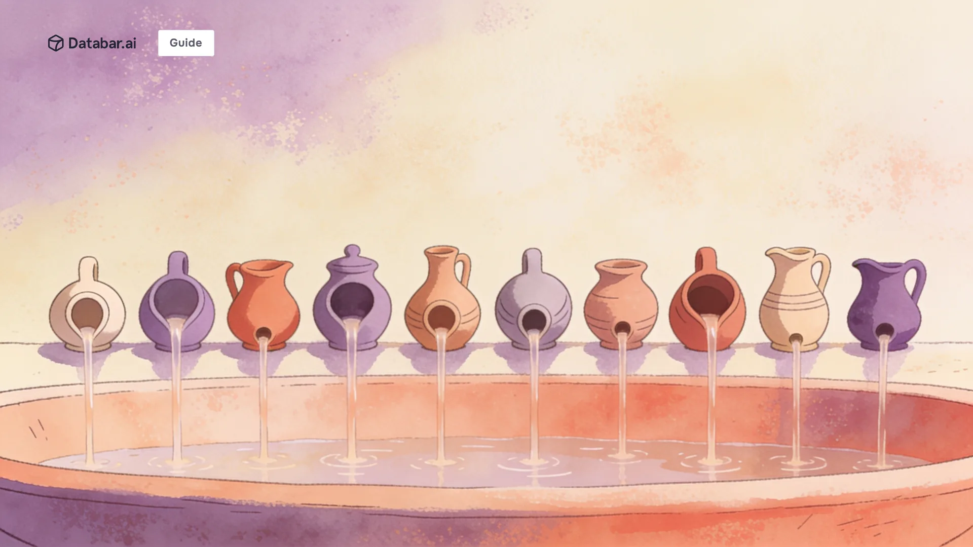 Illustration of a dozen jugs of different shapes each pouring a thin stream into one shared basin — Best Data APIs for Claude Code: 12 Providers GTM Teams Use