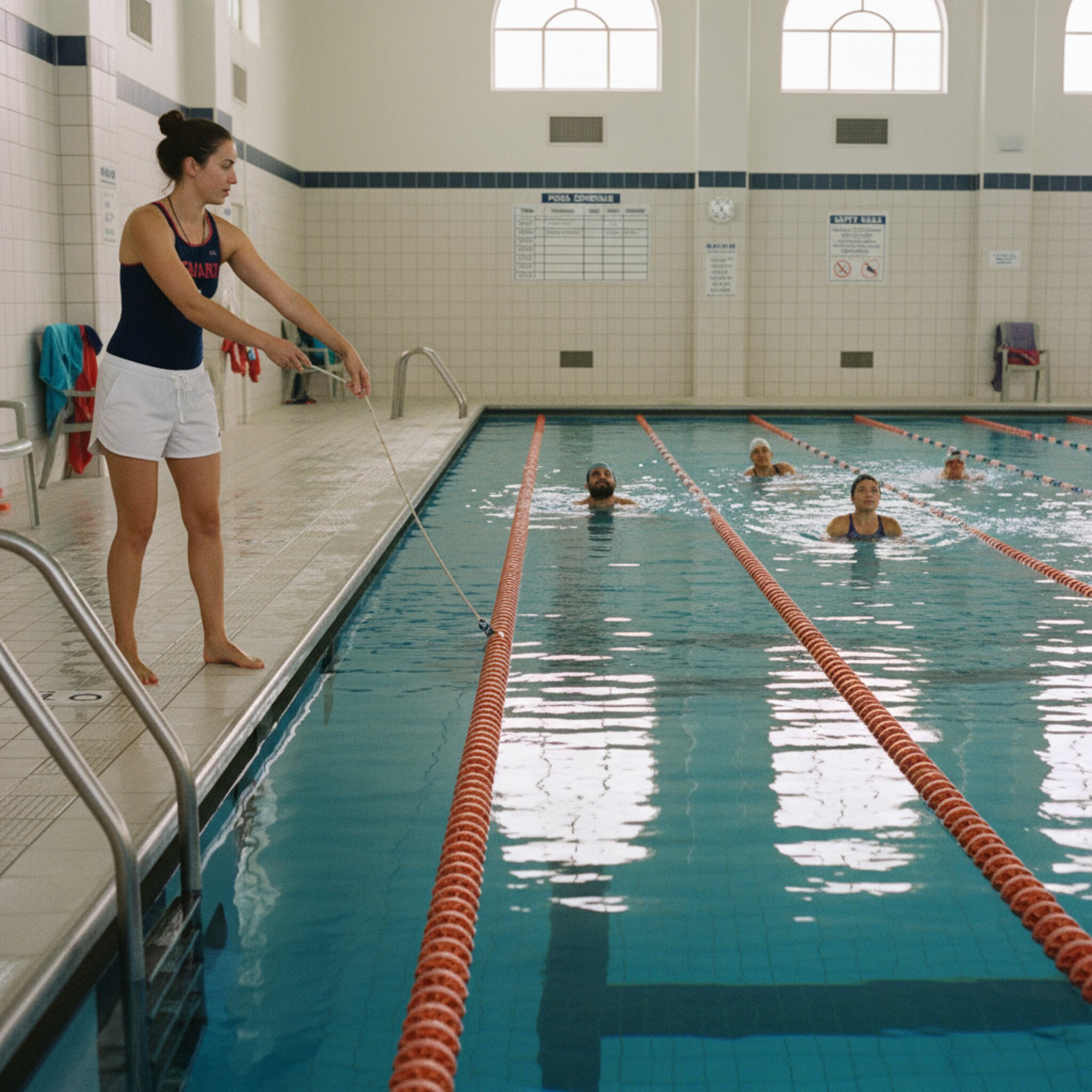 Ein Schwimmmeister zieht eine Bahntrennleine um, sodass sich das Becken in gleichmäßige Segmente ordnet. Einige Gäste verteilen sich ruhig, die Wasseroberfläche bleibt klar. An der Wand hängt ein schlichtes Zeitplan-Board. Die Szene wirkt strukturiert, vorbereitet und angenehm gelassen.