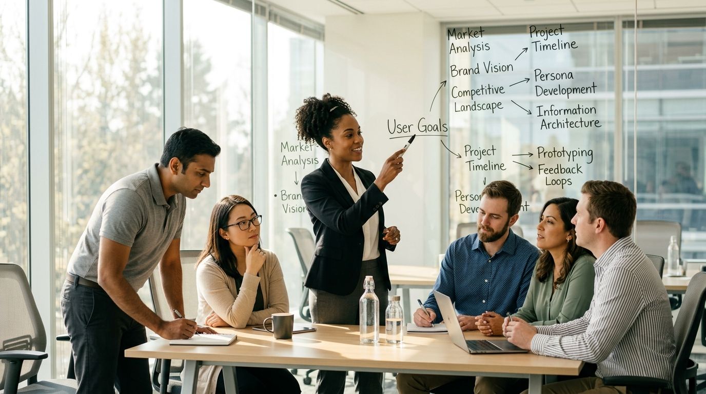 A diverse team of professionals brainstorming a web page design process in a modern office meeting room.