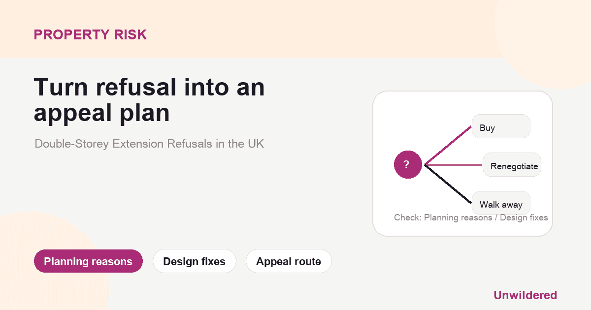 Explainer card for Double-Storey Extension Refusals in the UK: Turning Setbacks into Success: Planning reasons, Design fixes, Appeal route.