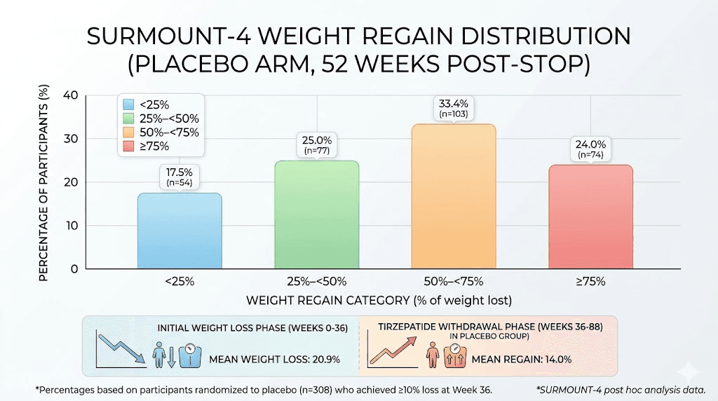 SURMOUNT-4 trial weight regain statistics after tirzepatide discontinuation
