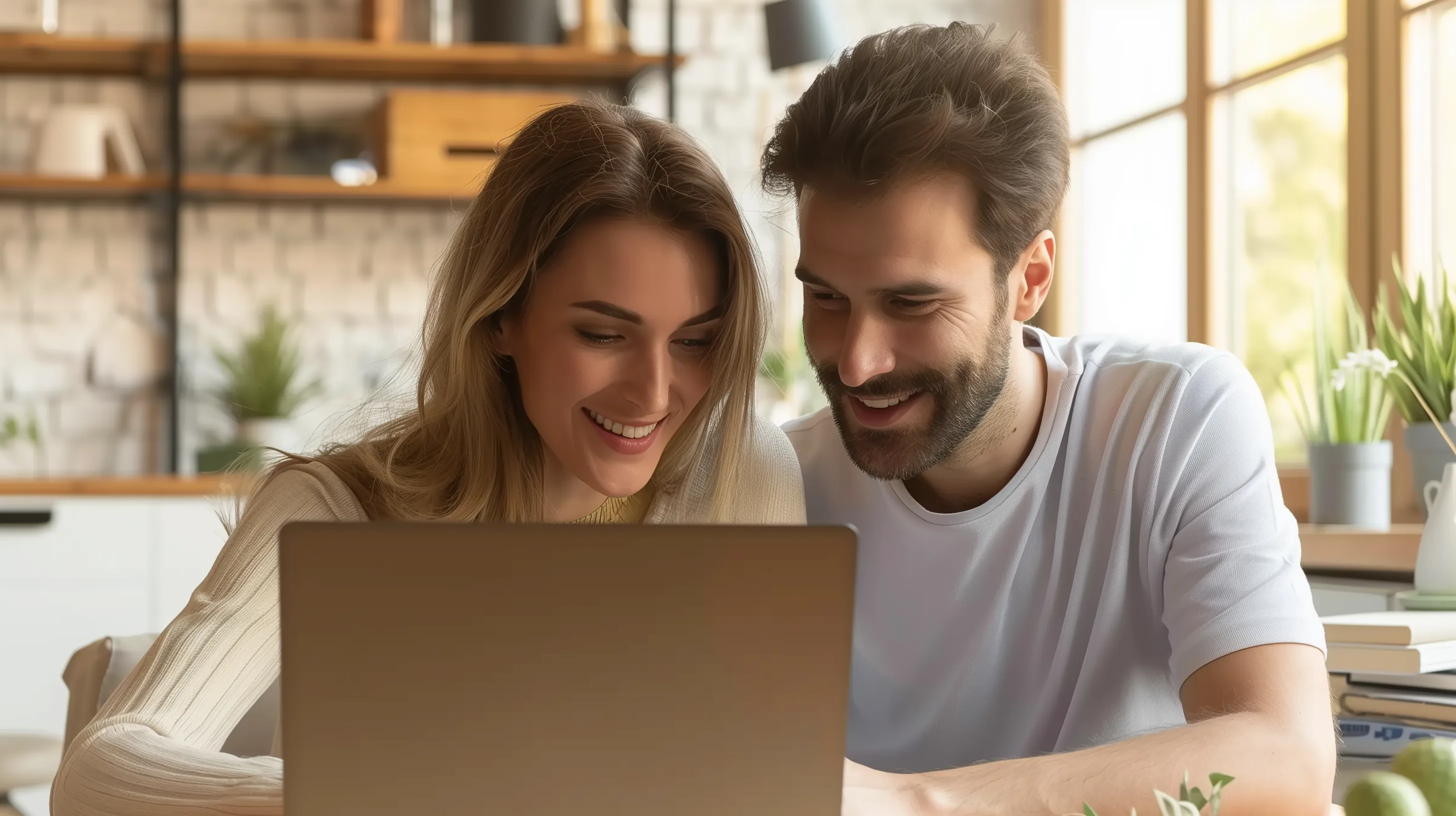 Engaged couple participating in virtual premarital counselling session from home