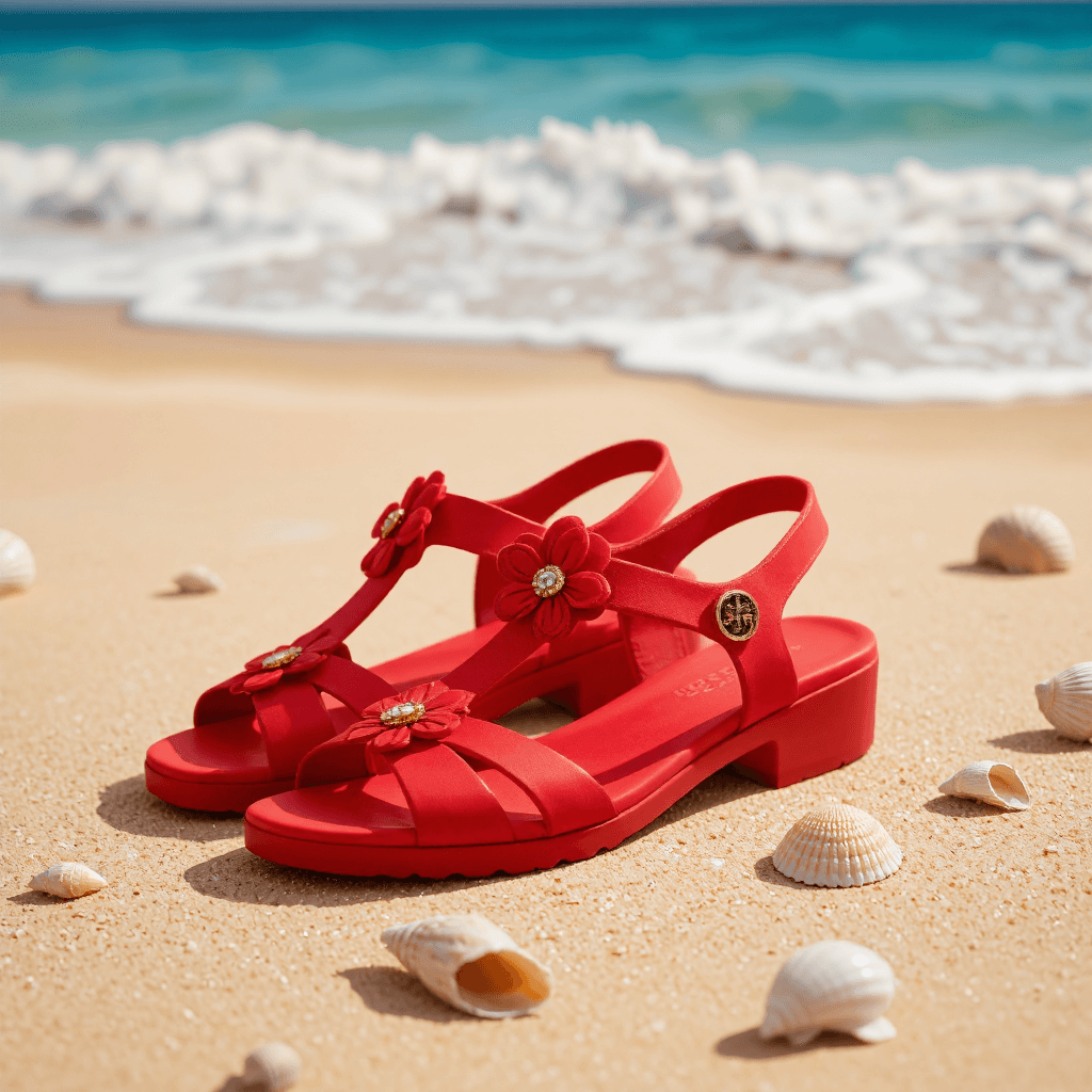 product photography of a pair of red fashion sandals with decorative elements