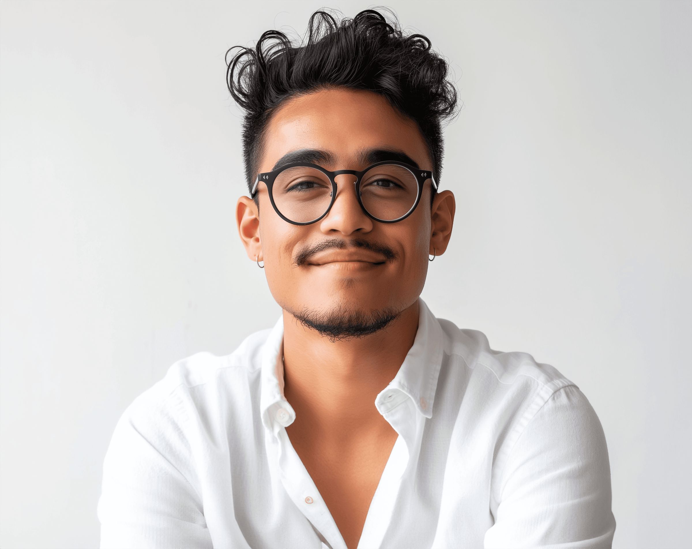 Smiling person with curly hair wearing glasses and a white shirt, posing against a light background.
