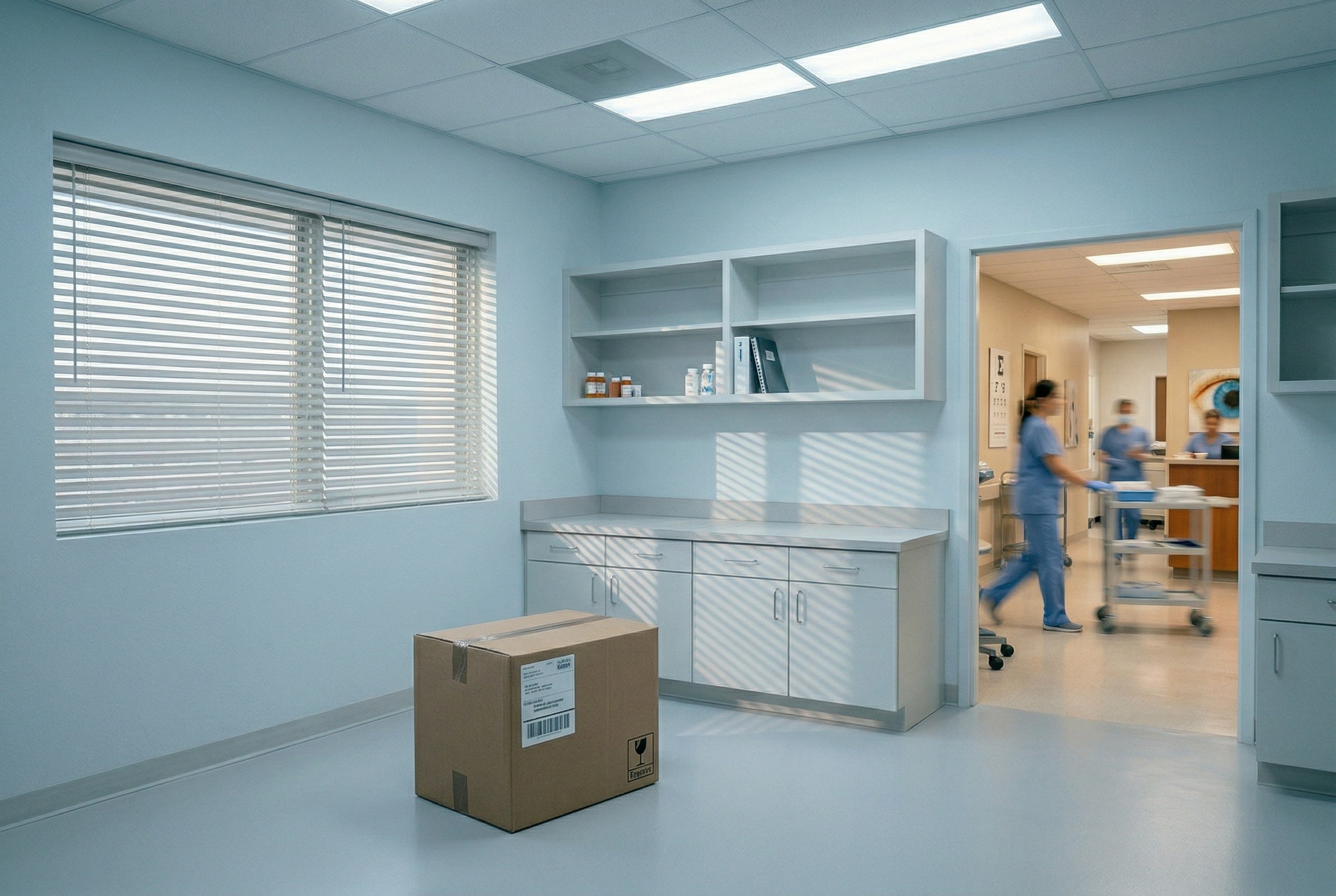 Empty ophthalmology equipment room with bare shelves and unopened box on floor while busy clinic hallway is visible through open doorway