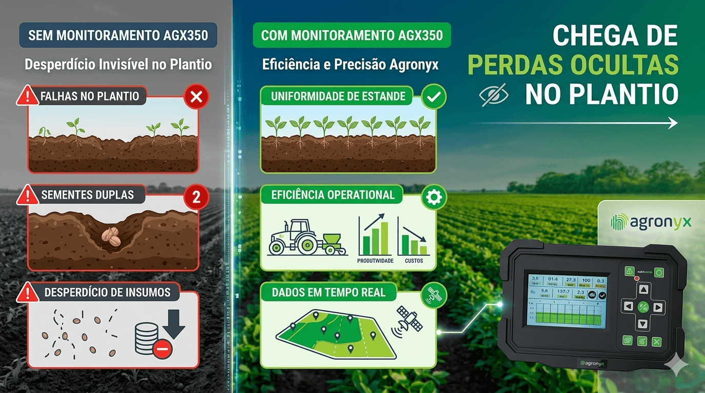 Infográfico Agronyx compara plantio com e sem monitor AGX350, destacando a correção de falhas e sementes duplas para maior eficiência operacional