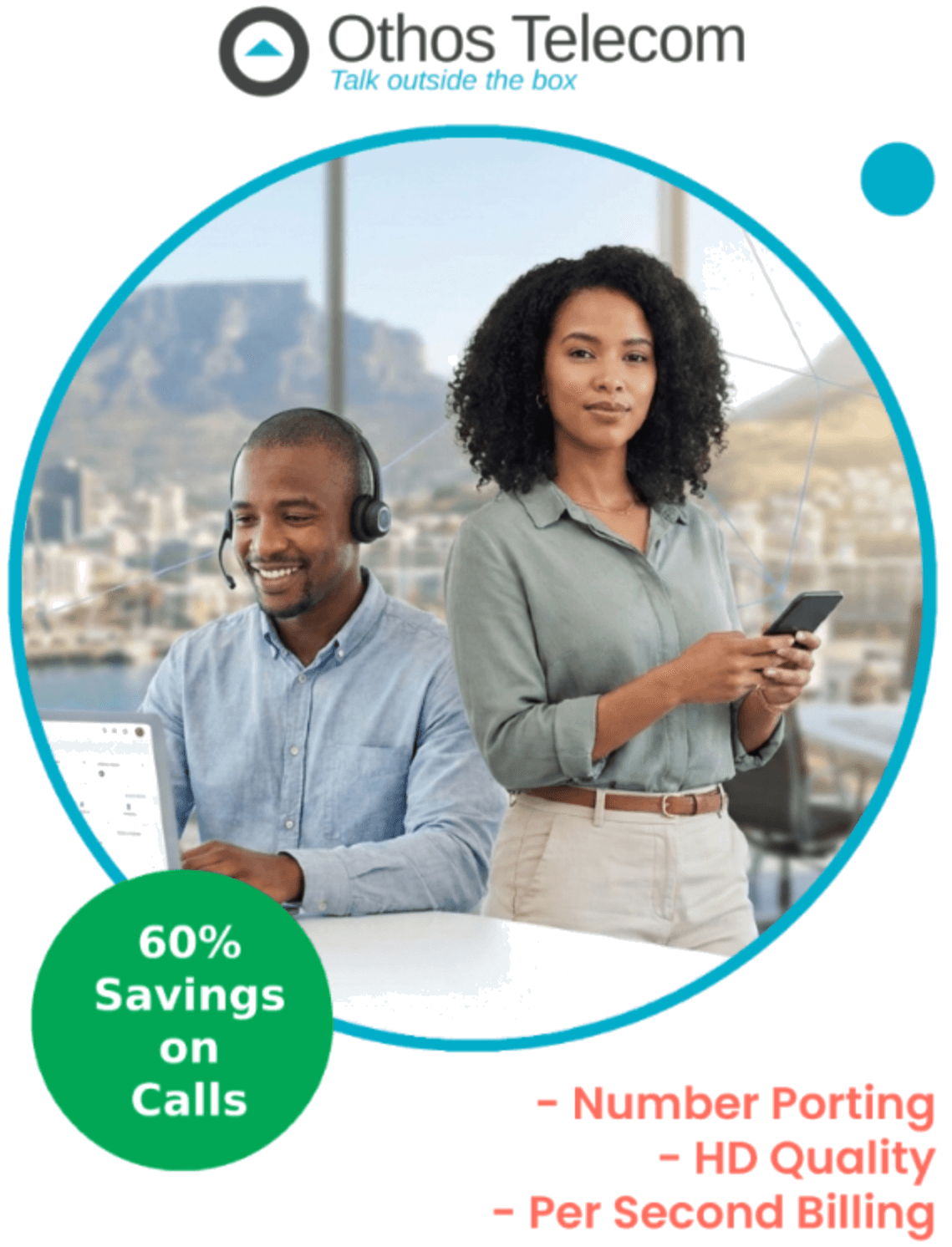 Business woman on a laptop and phone highlighting Othos HD Voice Quality VoIP services.