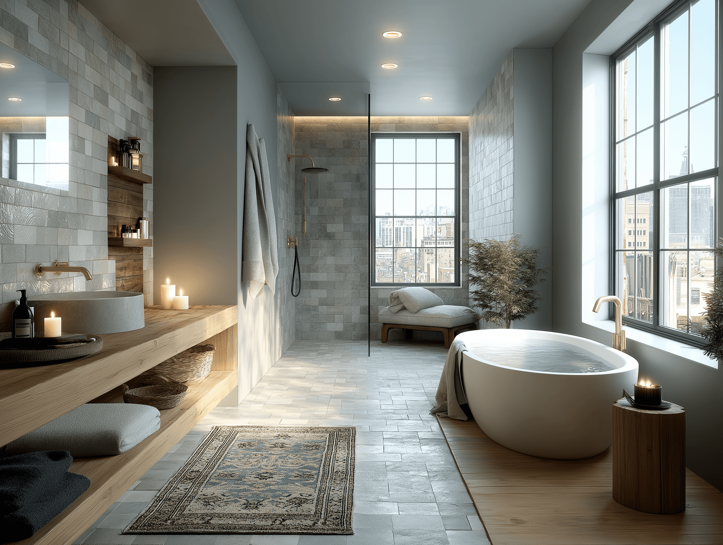 Spa-like luxury bathroom featuring textured grey stone walls, a freestanding white tub on a wooden platform, a long wooden vanity, and a large window with city views.