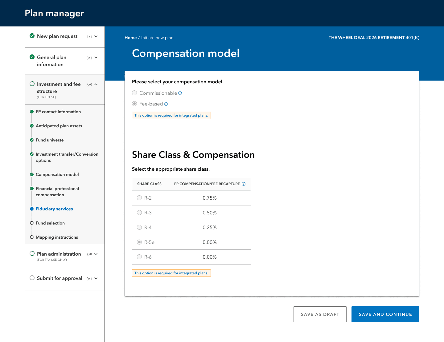 Copensation model with integrated plan predetermined selections 