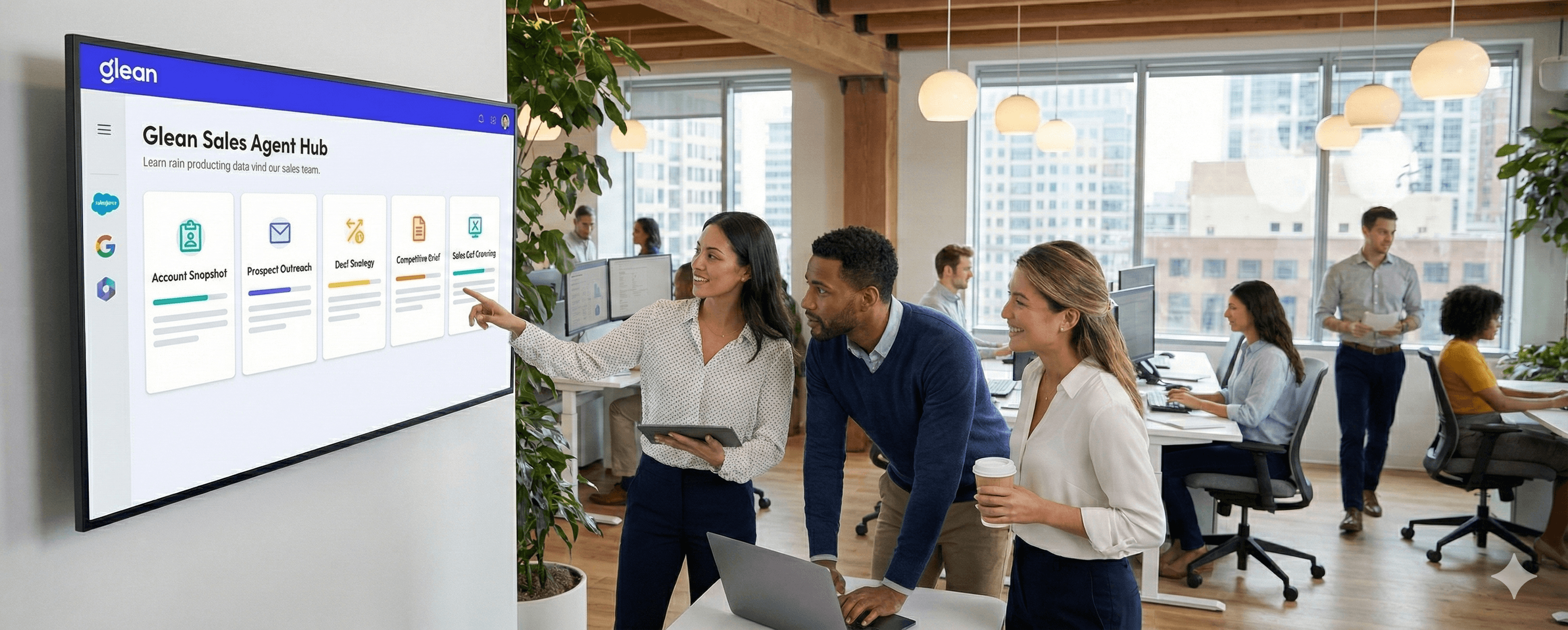 In a modern office setting, sales agents collaborate while viewing a wall-mounted screen displaying the "Glean Sales Agent Hub," surrounded by desks and cityscape views.