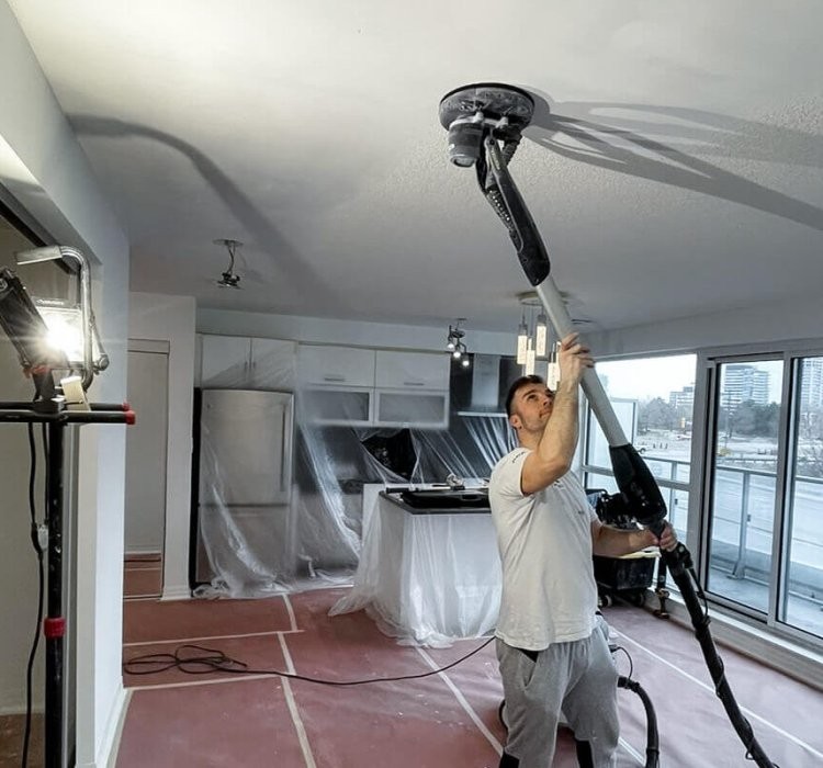 Man with a machine to smooth out popcorn ceiling.