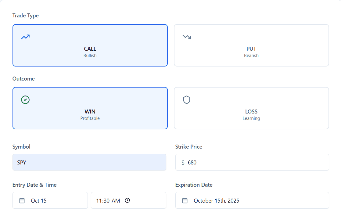 Screenshot of the "trade Logging" page