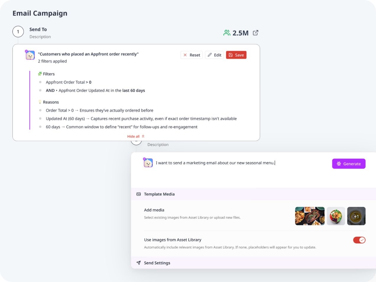 An email campaign whose audience is defined by order-history filters, with a plain-language reason shown for each filter