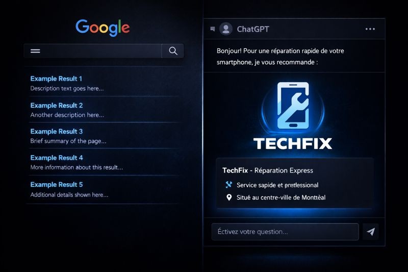 Illustration minimaliste en style tech-noir montrant la différence entre une recherche Google avec liens bleus classiques à gauche et une interface de chat IA à droite fournissant une réponse directe avec le logo d’une entreprise locale mis en avant.