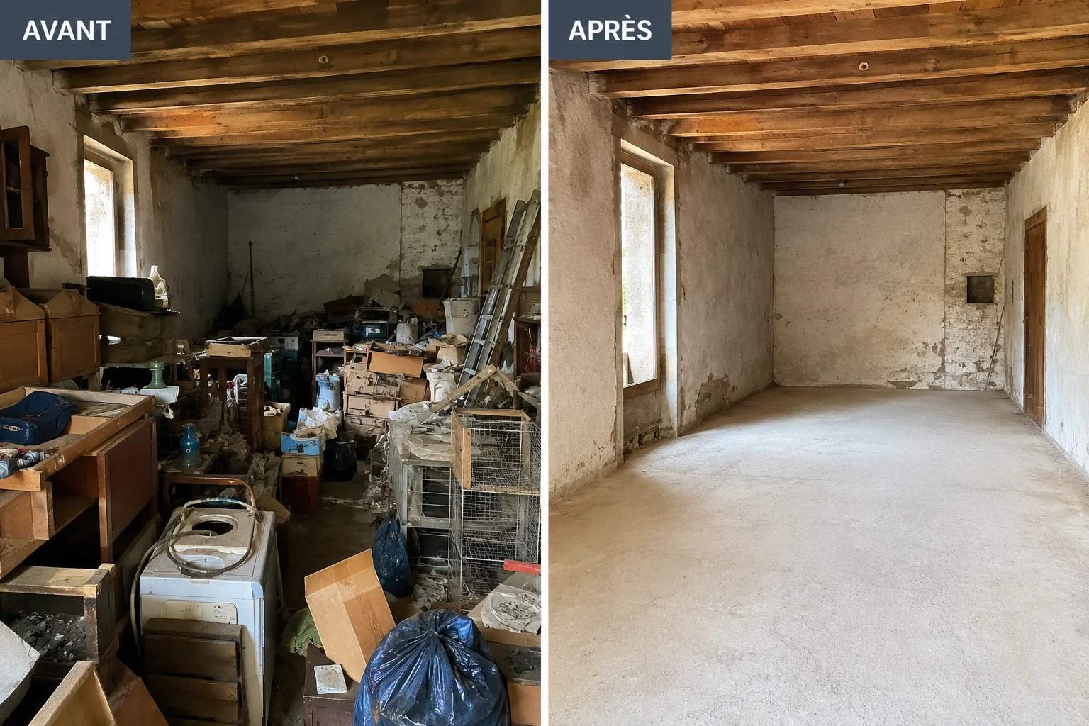 Avant et après un débarras complet de maison réalisé par JP Nettoyage à Clermont-Ferrand et dans le Puy-de-Dôme.