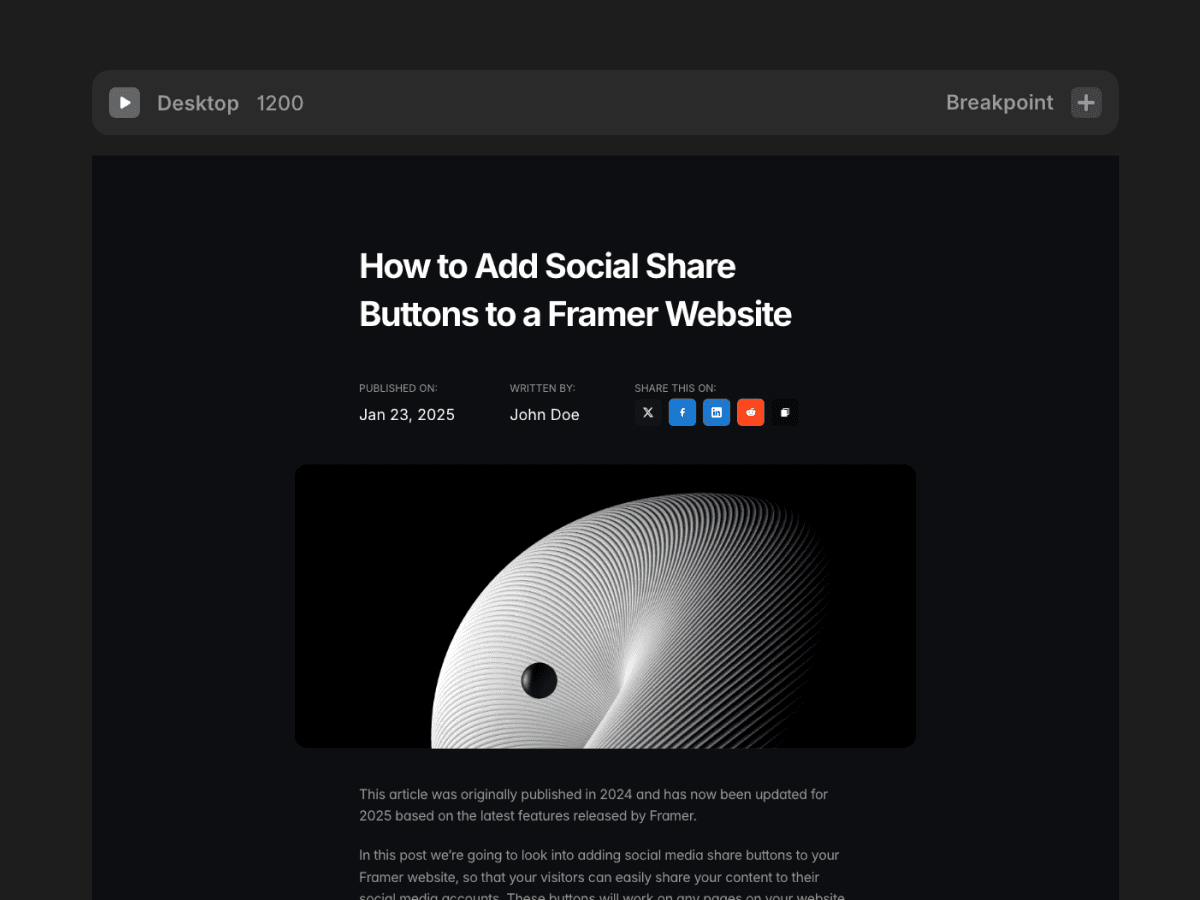 Social share buttons from the FrameShare plugin added to a blog post in Framer.