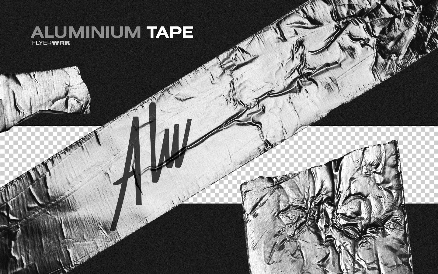 Isolated Adhesive Tape Pieces silver aluminum tape showing highly detailed metallic wrinkles and light reflections