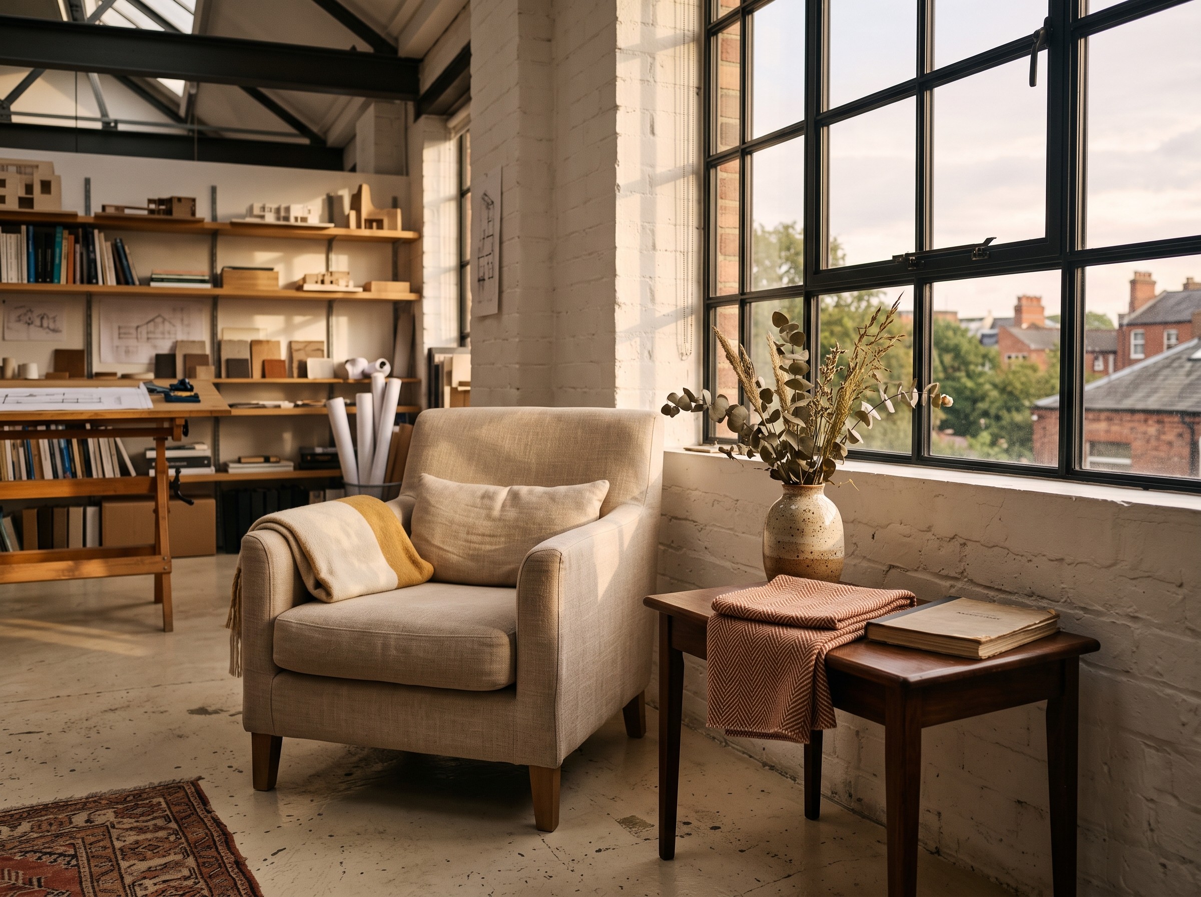 A linen armchair and side table styled in a warm, minimal interior.