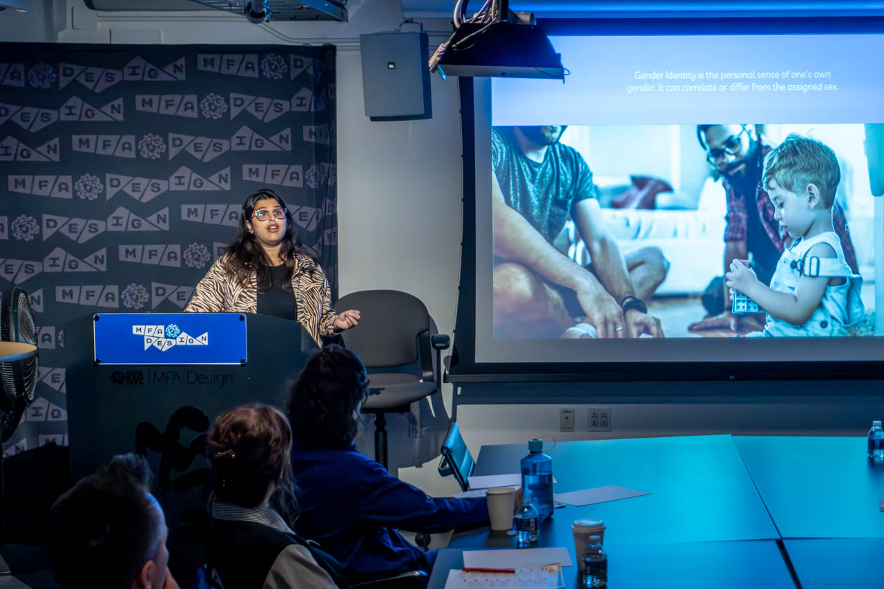 Woman at a podium delivering a presentation
