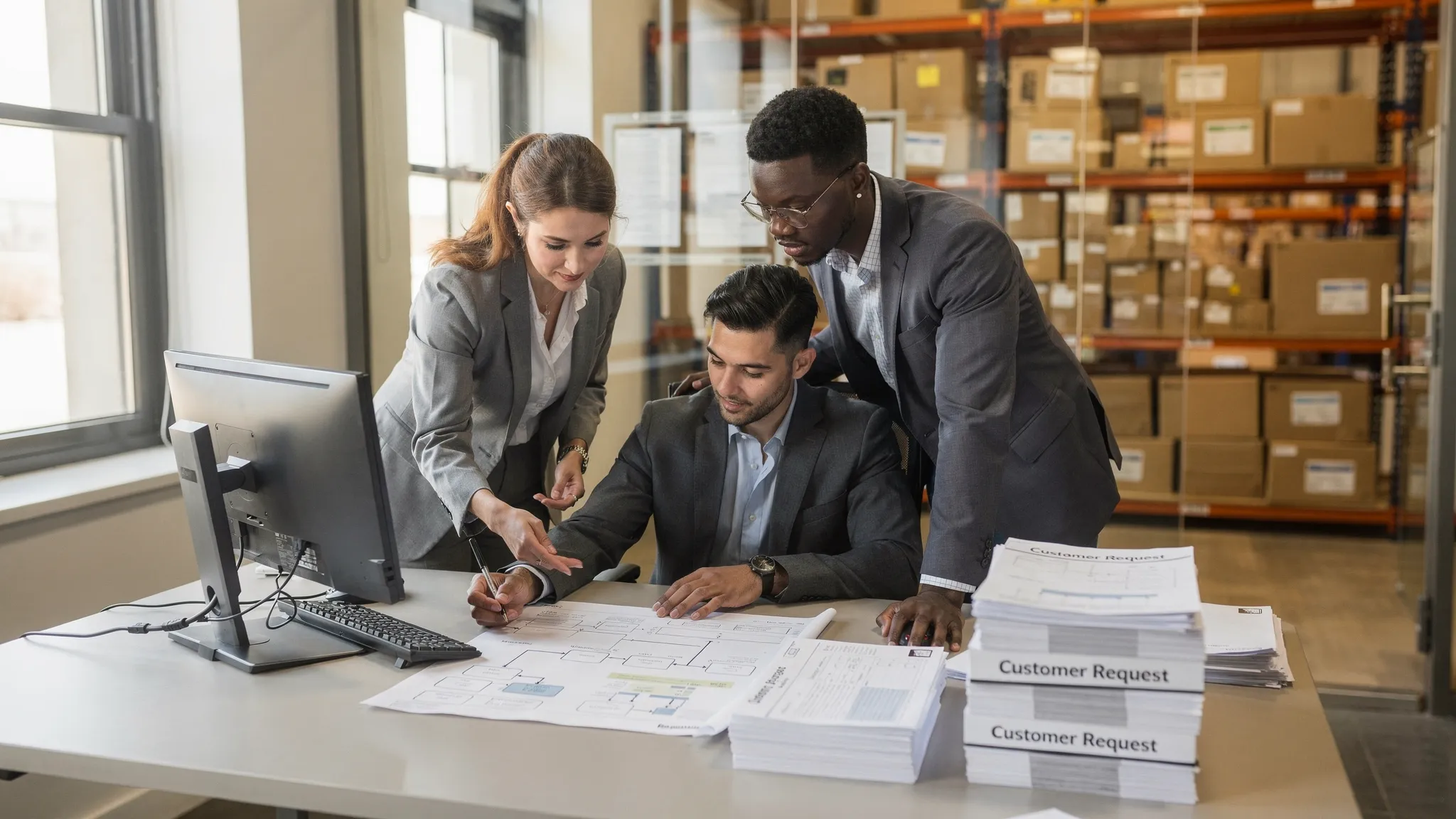 A small B2B operations team in a warehouse office reviewing a workflow printout and customer requests on a desk, with boxes and inventory shelves in the background.