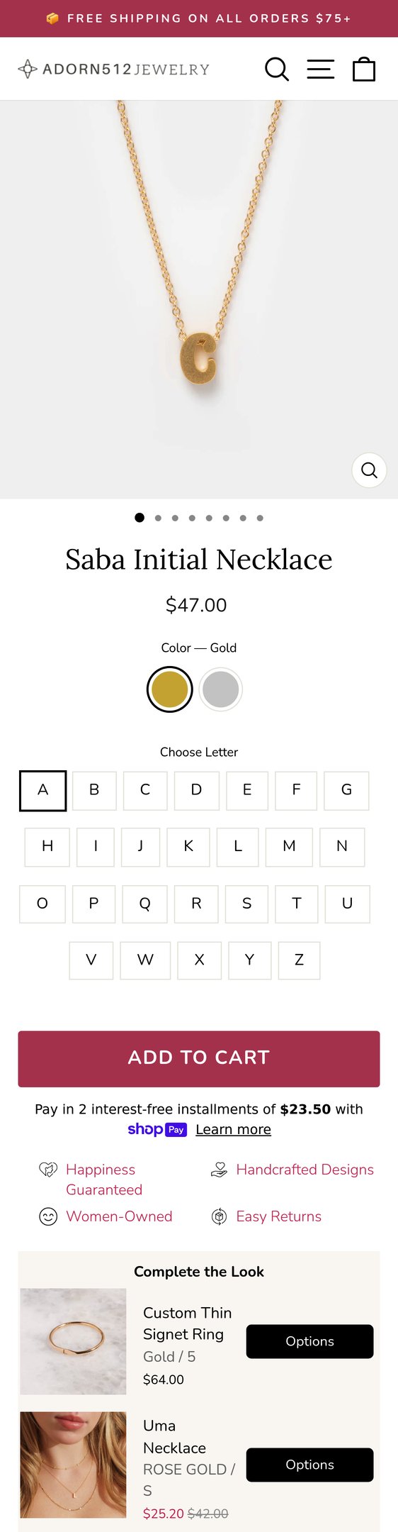 Jewelry product options include: necklace for Saba Initial Necklace from adorn512.