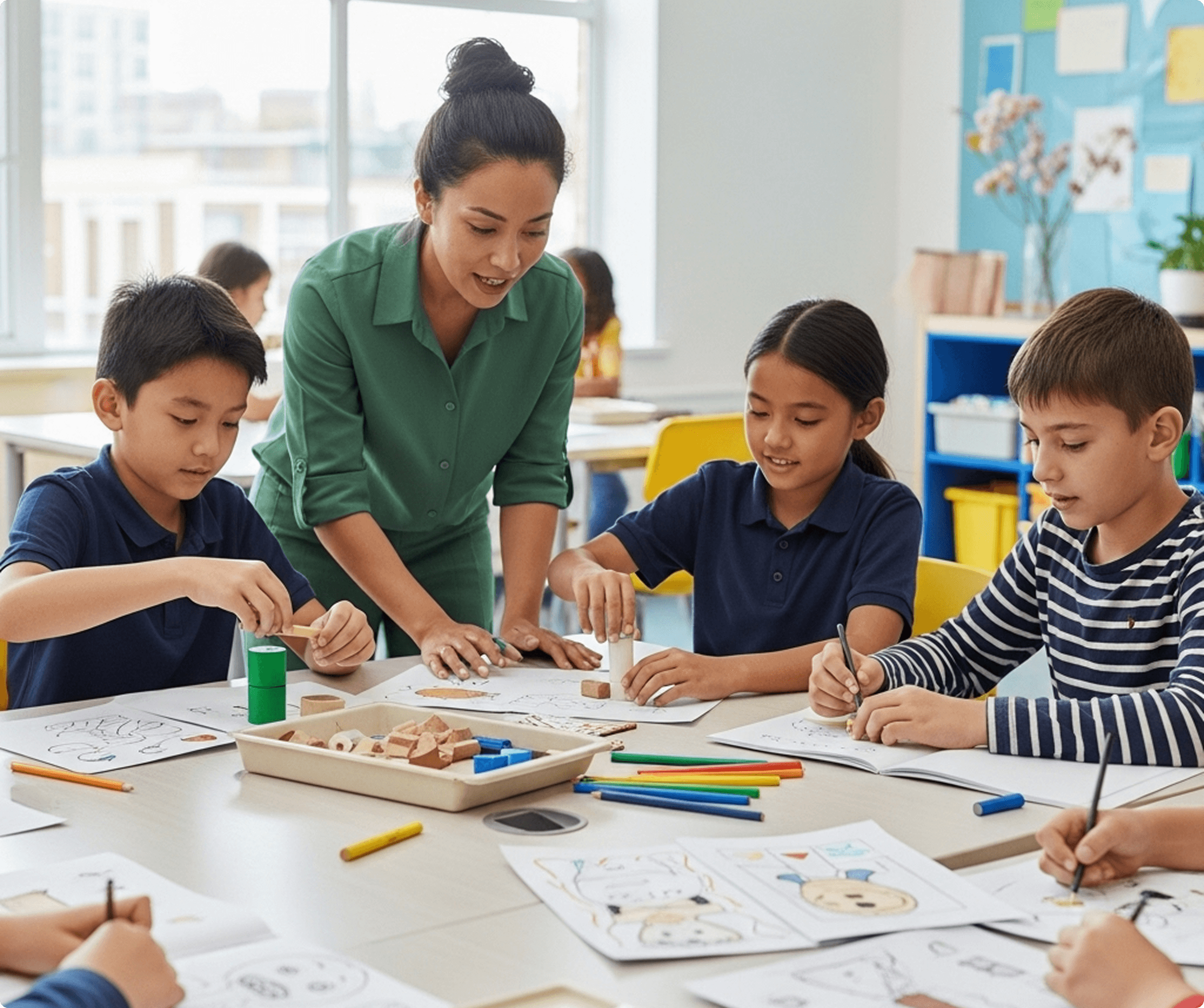 A group of parents and young children gathered around a table doing art activities together, with colored pencils and notebooks spread out