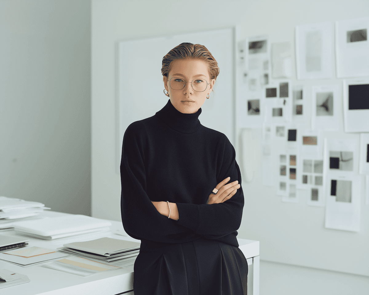 A woman in a black sweater stands in front of a desk, looking towards the camera with a neutral expression.