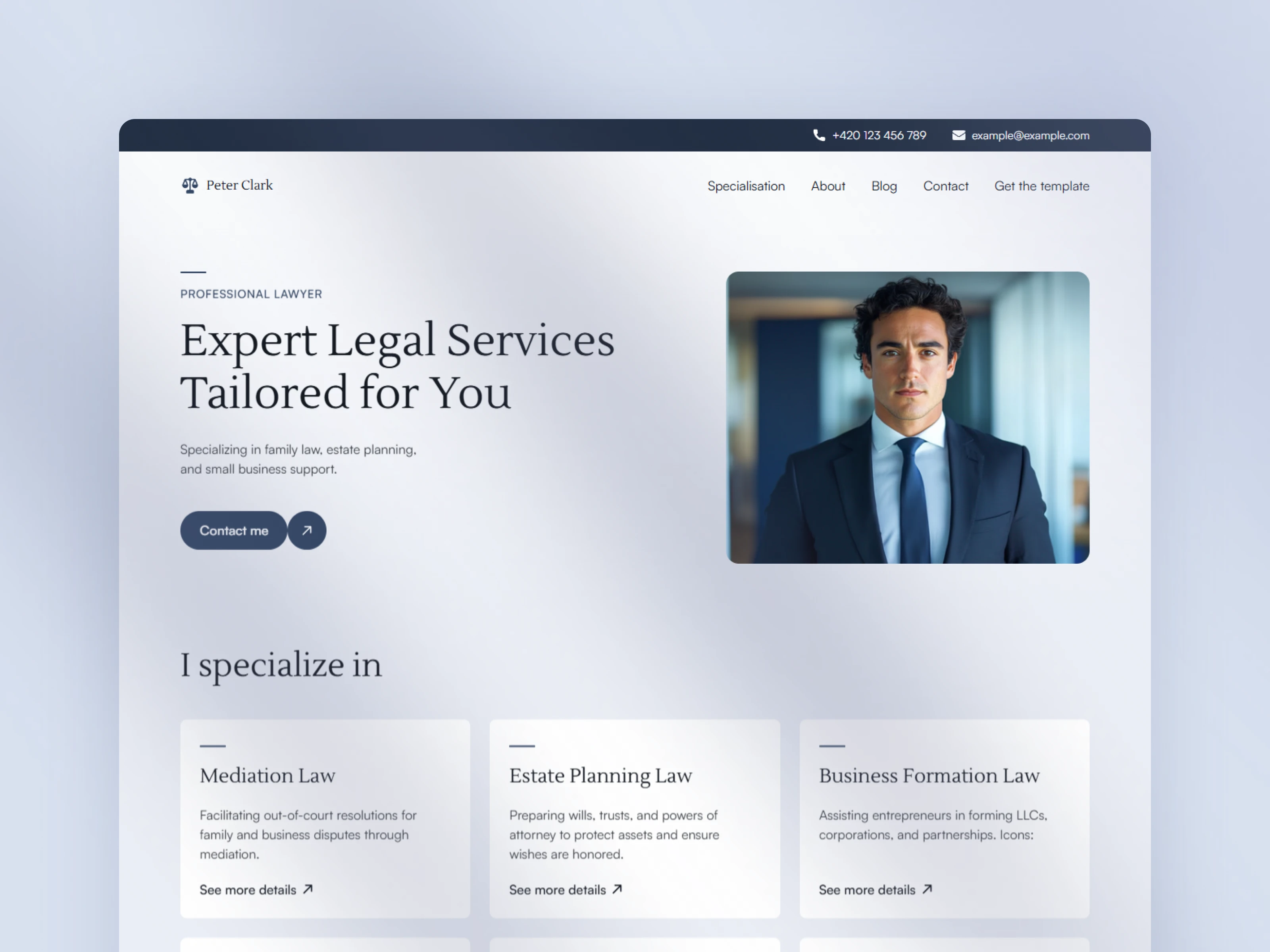 Lawfolio attorney website template with a professional portrait and legal service cards.