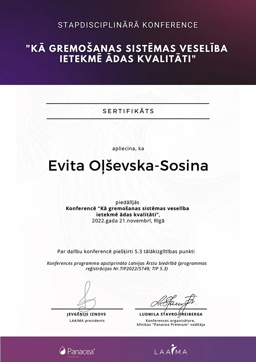 Profesionālās apmācības sertifikāts estētiskajā kosmetoloģijā